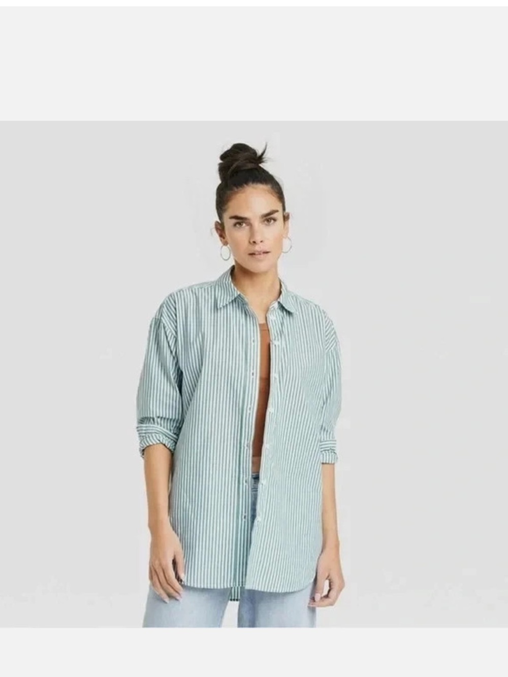 Universal Thread Green and White Striped Button-Down Shirt size large